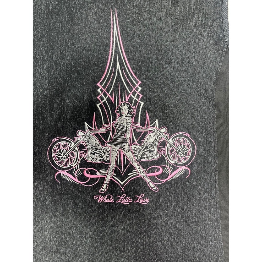 WOMEN'S MOTORCYCLE WHOLE LOTTA LOVE DENIM SLEEVELESS ZIPPERED EMBROIDERED XL‎ - Picture 10 of 10